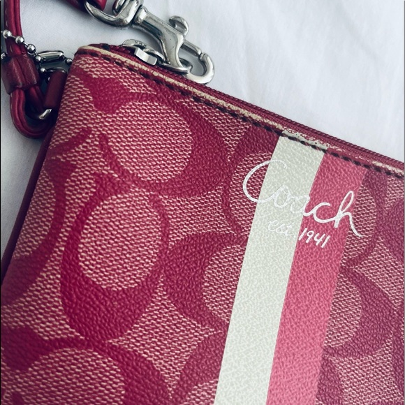 Coach Pink/White Stripe Signature Coated Canvas Wallet Wristlet - Picture 3 of 6